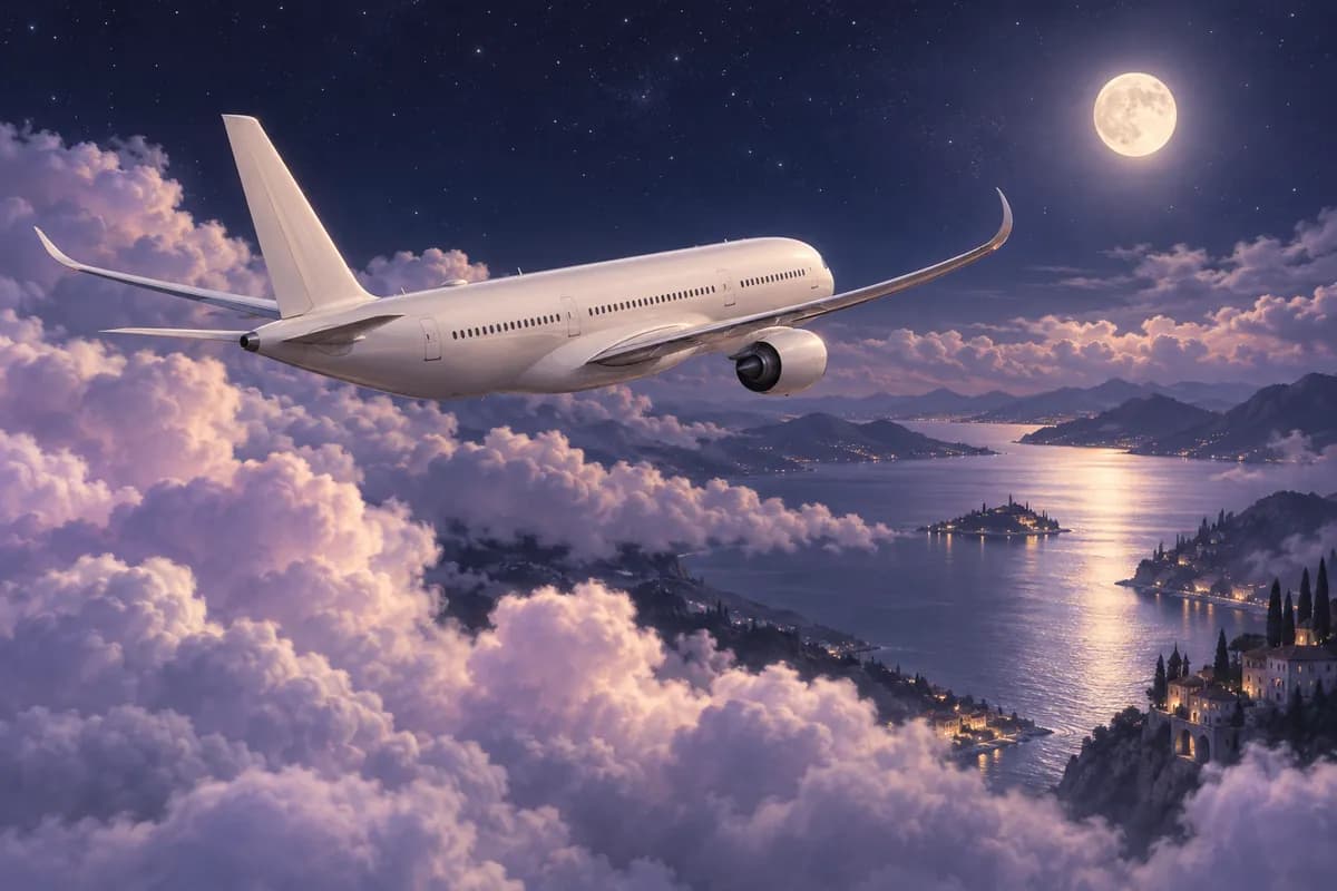 Ilustrație: avion în peisaj nocturn