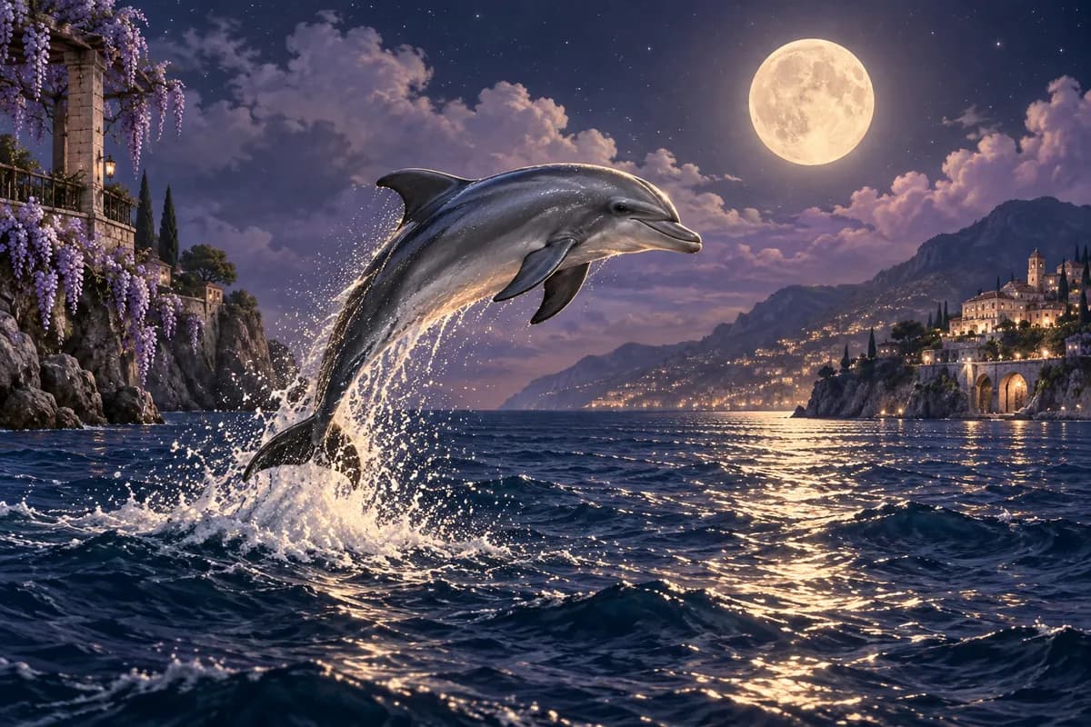 Ilustrație: delfin în peisaj nocturn