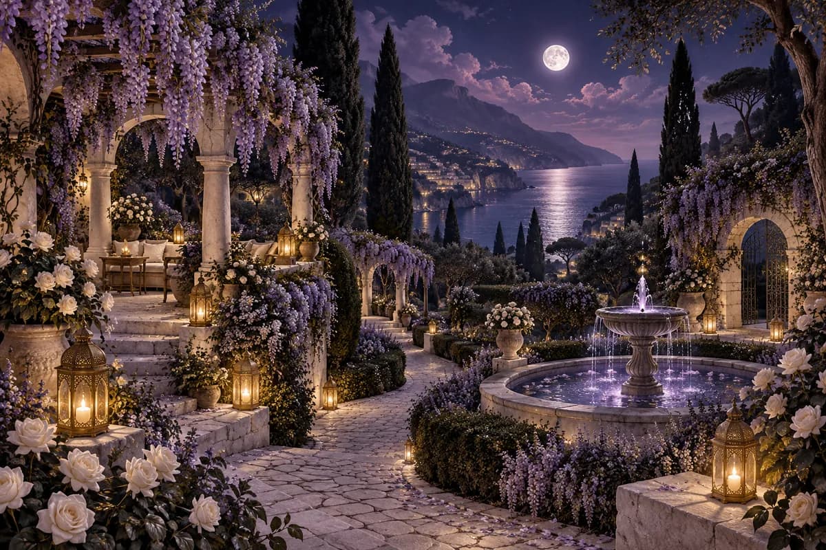 Ilustrație: grădină în peisaj nocturn