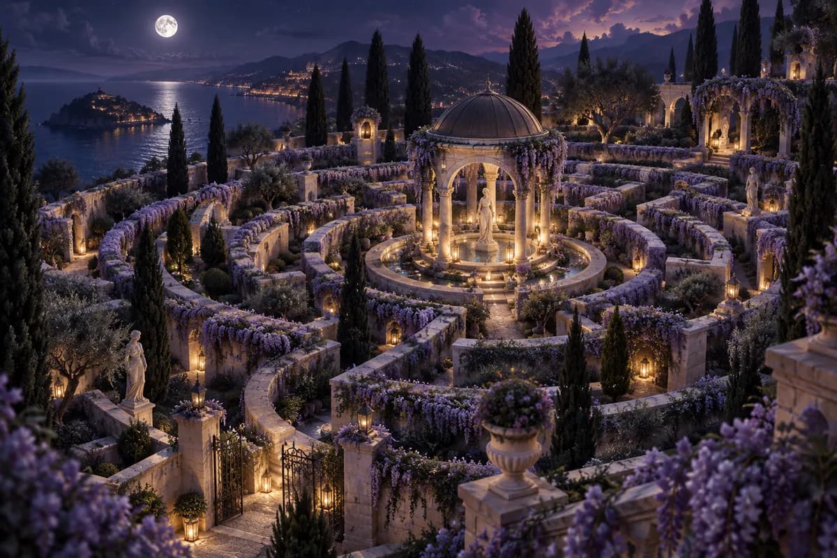 Ilustrație: labirint în peisaj nocturn