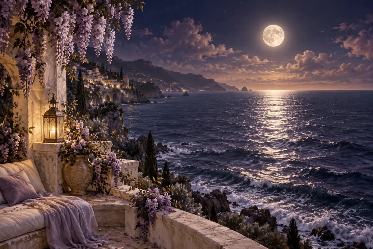Ilustrație: mare în peisaj nocturn