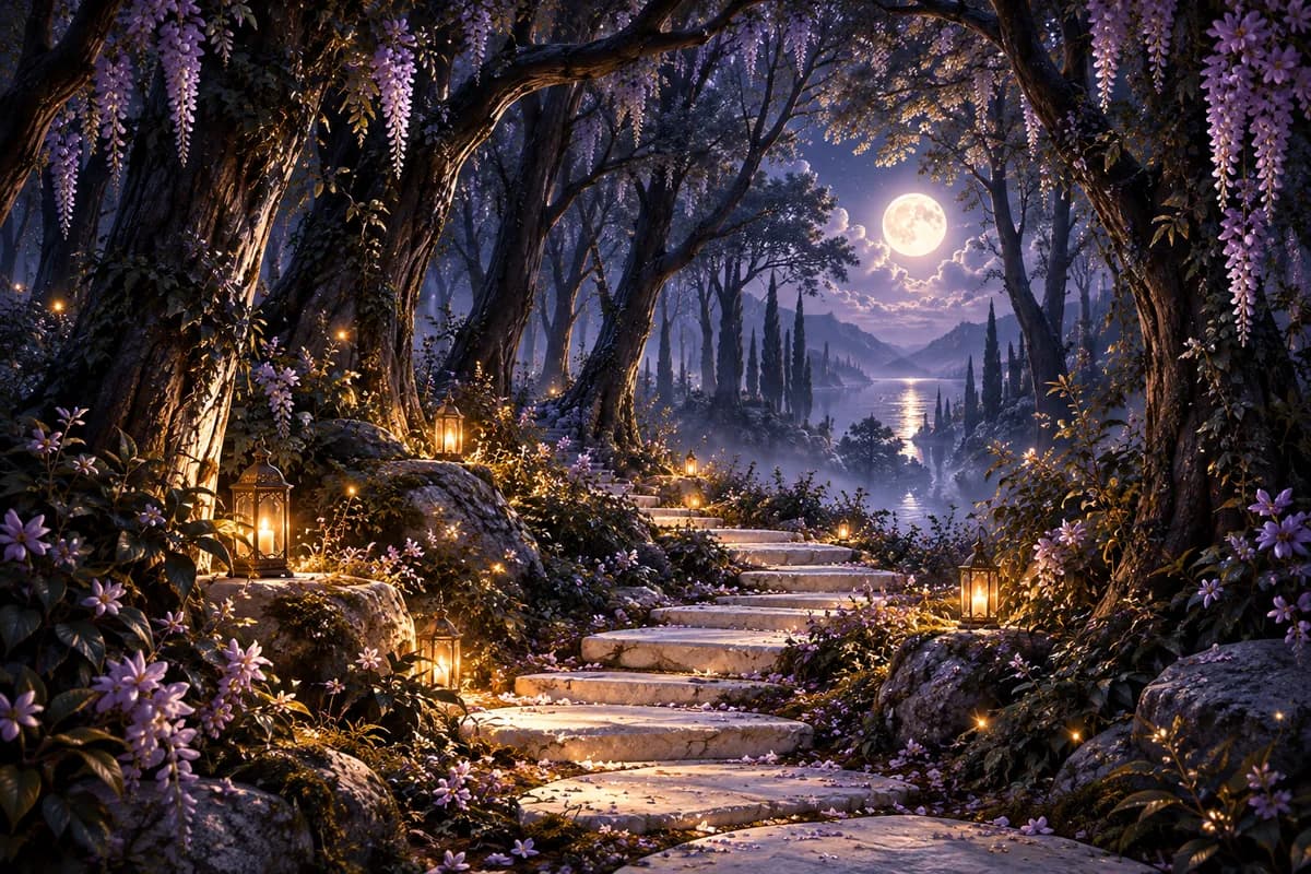 Ilustrație: pădure în peisaj nocturn