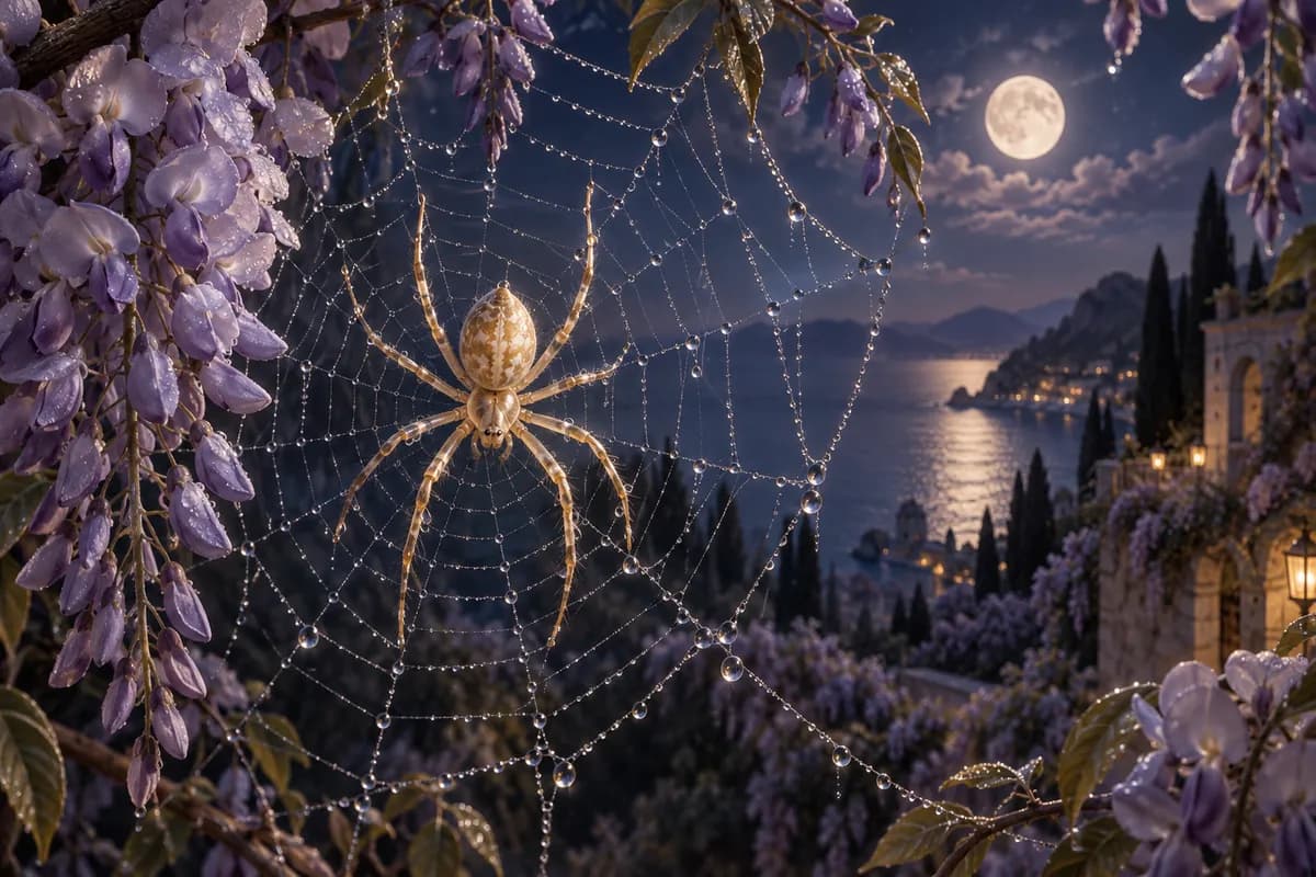 Ilustrație: păianjen în peisaj nocturn