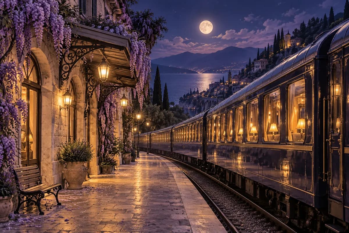 Ilustrație: tren în peisaj nocturn