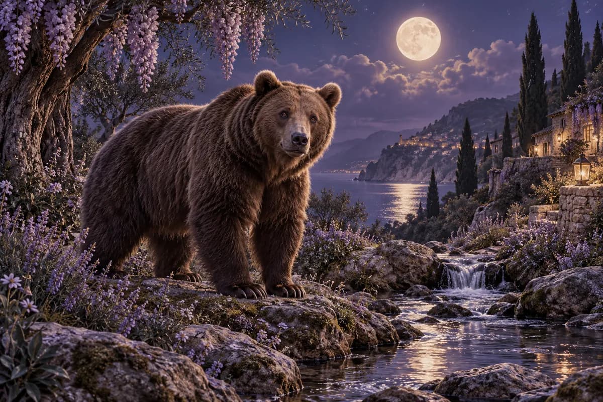 Ilustrație: urs în peisaj nocturn